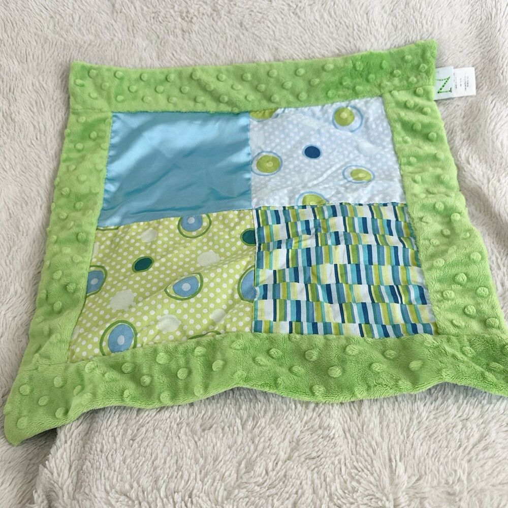 Land Of Whimzy Green Blue Satin Baby Blanket Lovey 15” Square Security Toy